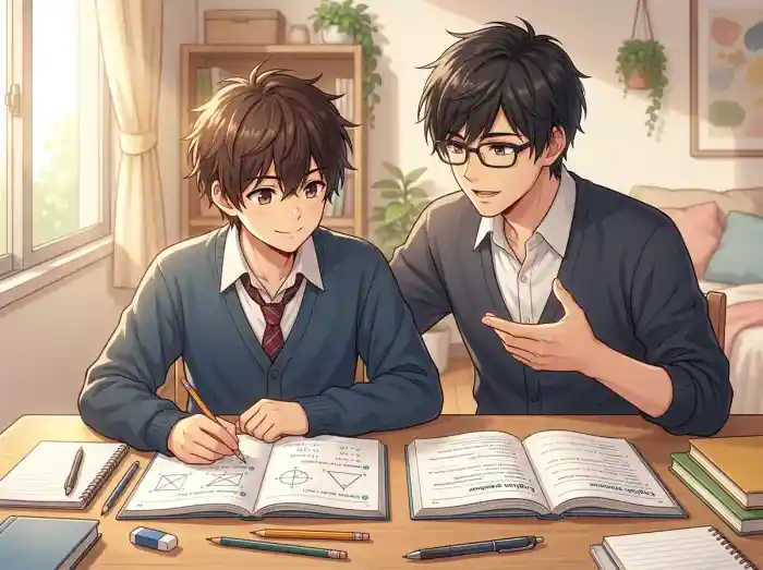 英語・数学2教科コースの学習風景 - 講師が生徒に英数の思考力を育む指導をしている様子（モバイル背景）